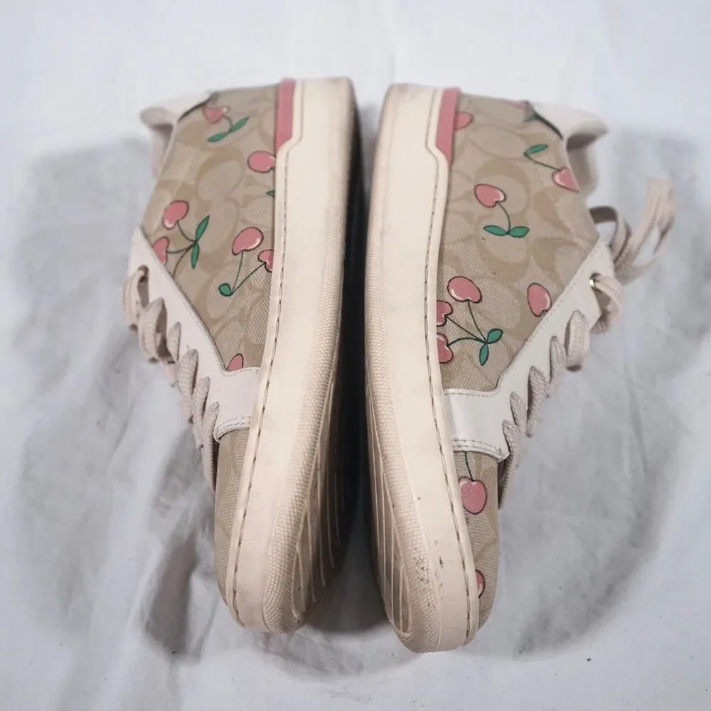 Coach Cherry All Over Print Sneakers Tan Beige Pink Women's 8.5B RARE